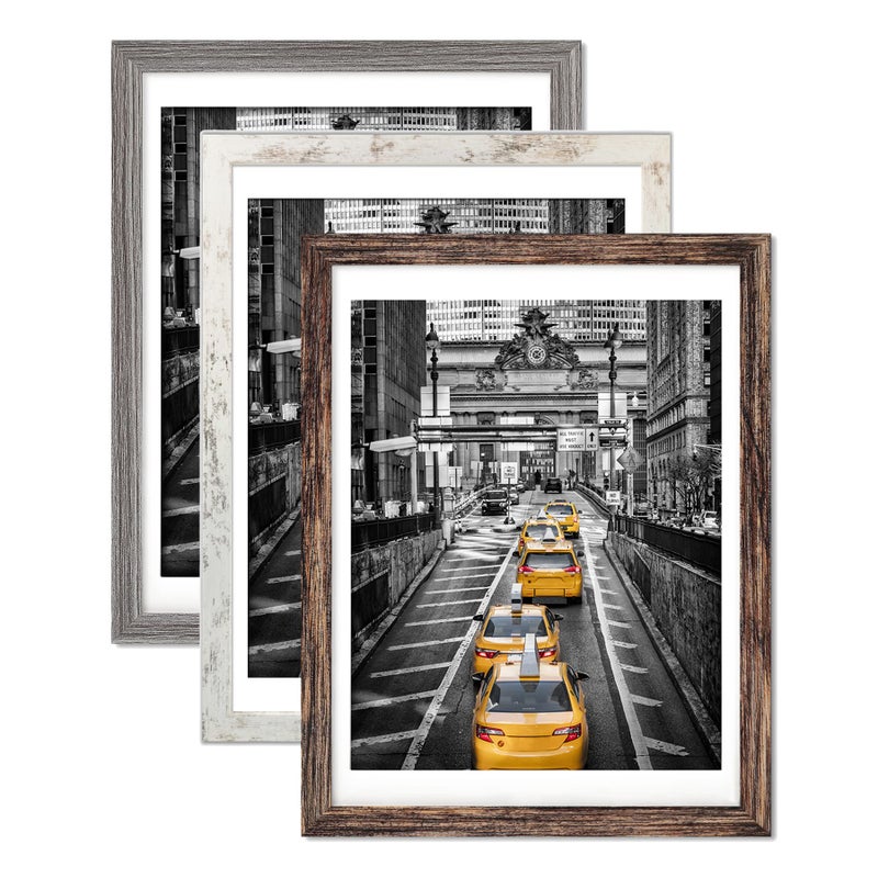 Finefrarm 12x16 Frames Set of 3 Display Pictures 11x14 with Mat or 12x16 Diamond Paintings Without Mats Farmhouse Distressed Picture Frames Wall Art for Living Room Wall Mounting Decor  Multicolour
