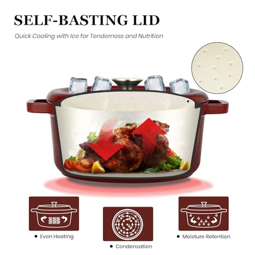 Overmont Enameled Cast Iron Dutch Oven - 5QT Pot with Lid Cookbook & Cotton Potholders - Heavy-Duty Cookware for Braising, Stews, Roasting, Bread Baking burgundy - Image 2