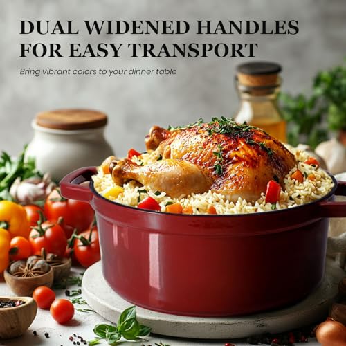 Overmont Enameled Cast Iron Dutch Oven - 5QT Pot with Lid Cookbook & Cotton Potholders - Heavy-Duty Cookware for Braising, Stews, Roasting, Bread Baking burgundy - Image 3