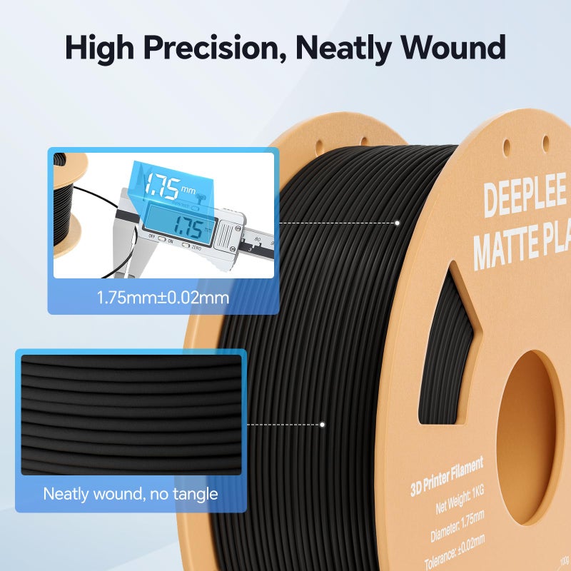 DEEPLEE Matte PLA Filament 1.75mm, 3D Printer Filament Dimensional Accuracy +/- 0.02mm, No Clogging, Higher Toughness, Cardboard Spool 3D Filament, 1kg Black - Image 3