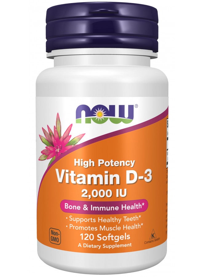 now NOW Supplements, Vitamin D-3 2,000 IU, High Potency, Structural Support, 120 Softgels  - Image 1