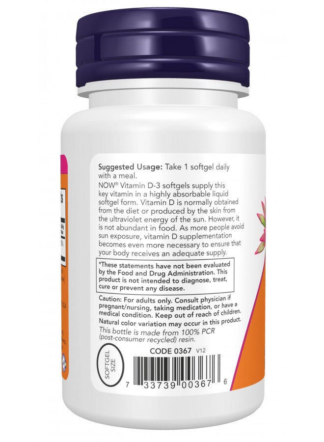now NOW Supplements, Vitamin D-3 2,000 IU, High Potency, Structural Support, 120 Softgels  - Image 3