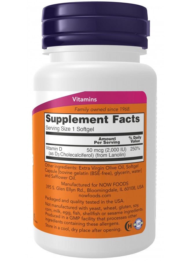 now NOW Supplements, Vitamin D-3 2,000 IU, High Potency, Structural Support, 120 Softgels  - Image 2