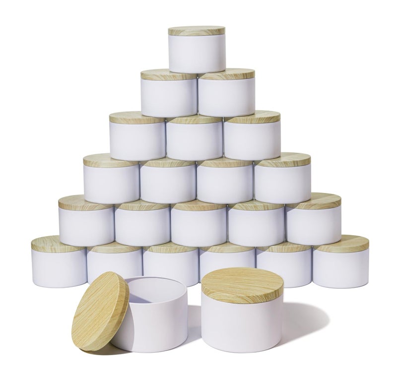 Aroparc Candle Tins 8oz with Lids, 24 Pack Seamless Candle Containers for Candle Making Supplies Empty Candle Jars - Wood Grain Lids White Tins - Image 1