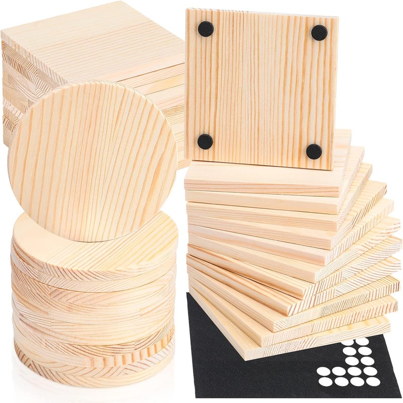 eBoot 36 Pcs Unfinished Wood Coasters Bulk 4 Inch Square and Round Blank Wooden Coasters Slice for Nature Craft with 132 Pcs Non Slip Dot Stickers for DIY Painting Engraving Decoration  - Image 1