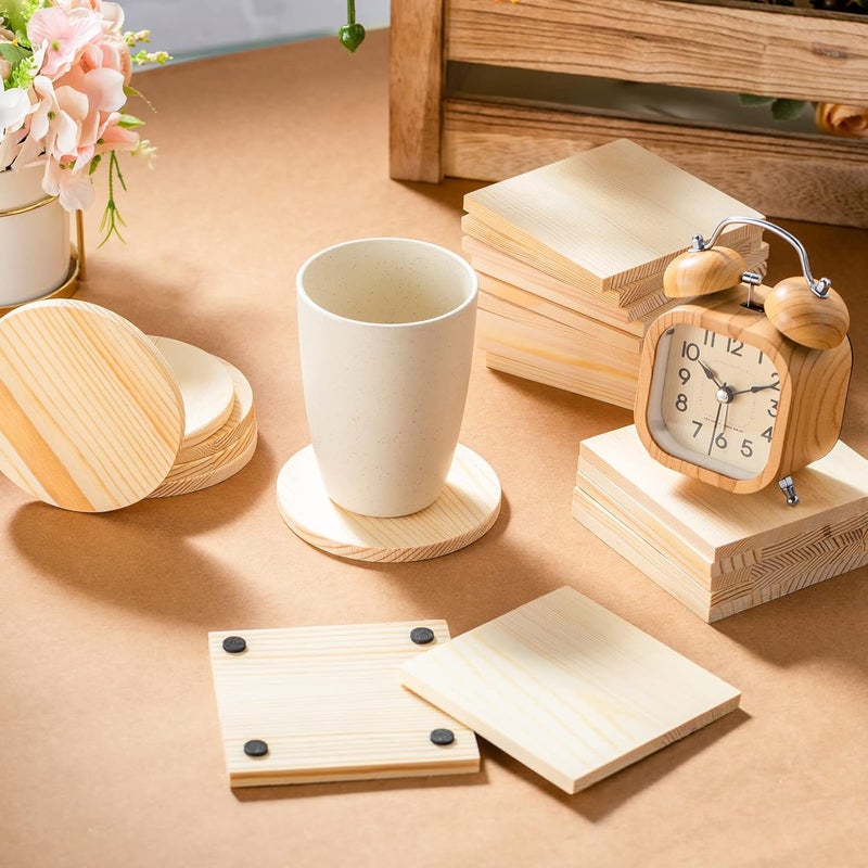 eBoot 36 Pcs Unfinished Wood Coasters Bulk 4 Inch Square and Round Blank Wooden Coasters Slice for Nature Craft with 132 Pcs Non Slip Dot Stickers for DIY Painting Engraving Decoration  - Image 5