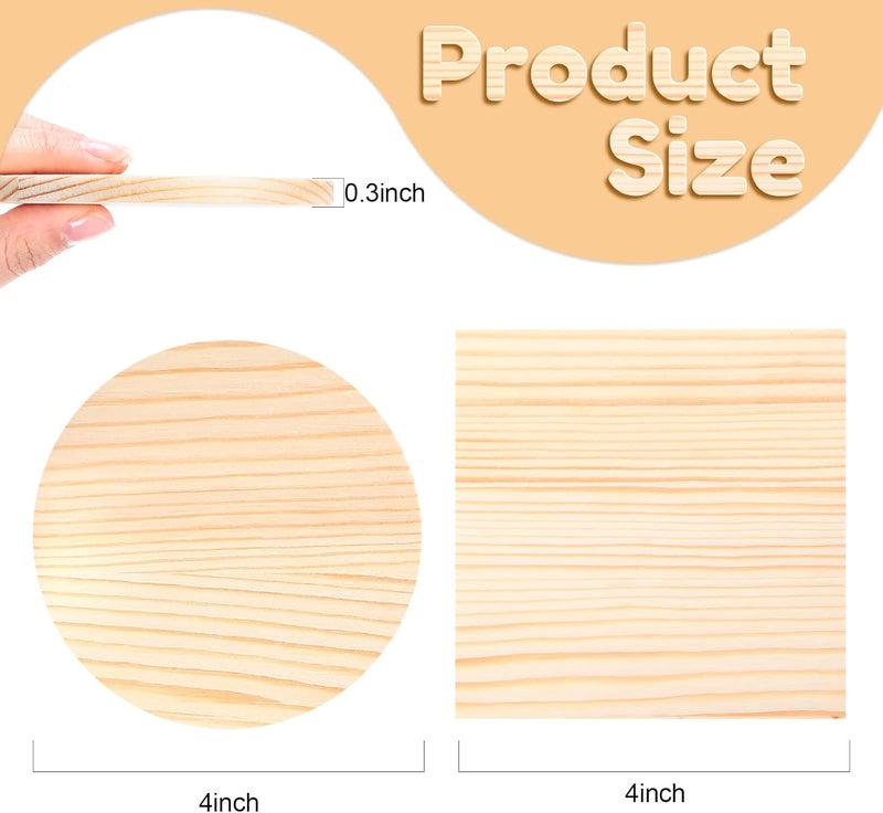 eBoot 36 Pcs Unfinished Wood Coasters Bulk 4 Inch Square and Round Blank Wooden Coasters Slice for Nature Craft with 132 Pcs Non Slip Dot Stickers for DIY Painting Engraving Decoration  - Image 2