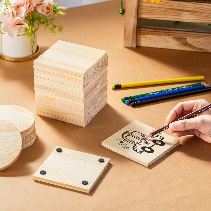 eBoot 36 Pcs Unfinished Wood Coasters Bulk 4 Inch Square and Round Blank Wooden Coasters Slice for Nature Craft with 132 Pcs Non Slip Dot Stickers for DIY Painting Engraving Decoration  - Image 4