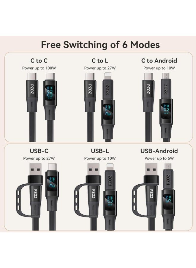 PZOZ 100W Retractable Type C Cable with LED Display, USB C Multi in 1 Charging Cable with Lightning Micro Adapter Ports for iPhone 16 15 iPad Mac Samsung, Stickable Desktop Management Cord (1.5M) - Image 2