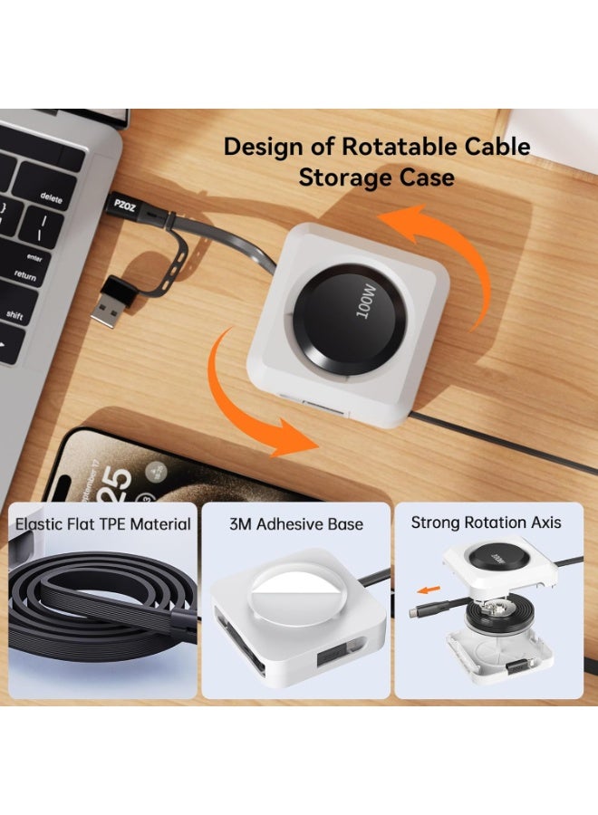 PZOZ 100W Retractable Type C Cable with LED Display, USB C Multi in 1 Charging Cable with Lightning Micro Adapter Ports for iPhone 16 15 iPad Mac Samsung, Stickable Desktop Management Cord (1.5M) - Image 3