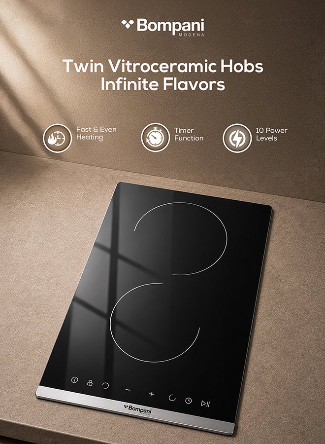 Bompani 30cm Built-In Hob, 2 Cooking Zones, Front Easy Dial Touch Control, Vitroceramic Hobs - One Year Manufacturer Warranty - BO263ACT Black - Image 3