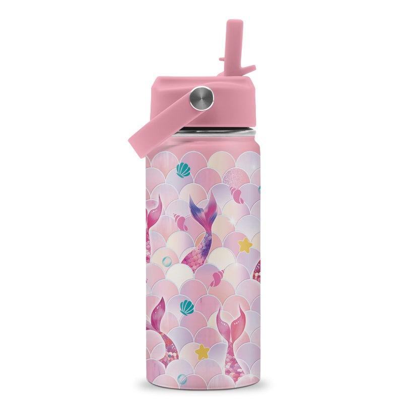 ROVOZAR Mermaid Water Bottle for Girls 16oz Mermaids Stainless Steel Water Bottle with Straw Cute Mermaid Tail Insulated Cup Pink Mermaids Kids Tumbler for School Sports Travel
