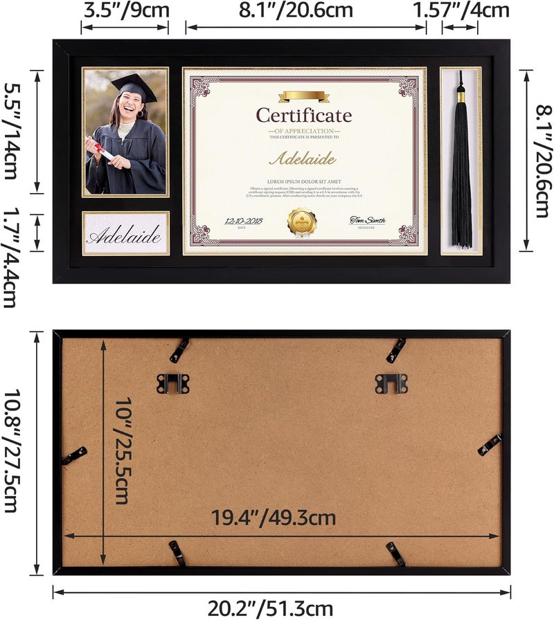Lavezee Single 10x20 Diploma Frame with Tassel Holder for 8.5x11 Certificate and 4x6 Photo, Black Over Gold Double Mat with PS Front for Wall, 1 Pack, Graduation Shadow Frame Gifts - Image 5