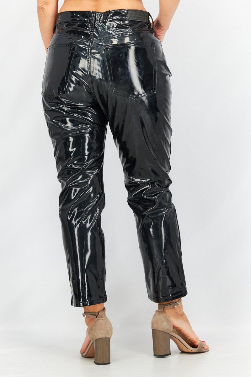 TOPSHOP Women Regular Fit Textured Vinyl Pants, Black - Image 3