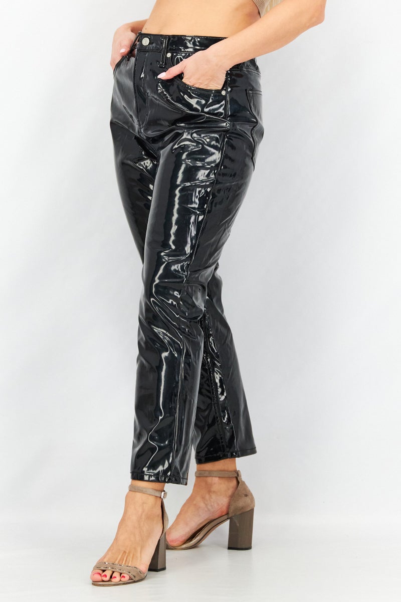TOPSHOP Women Regular Fit Textured Vinyl Pants, Black - Image 4