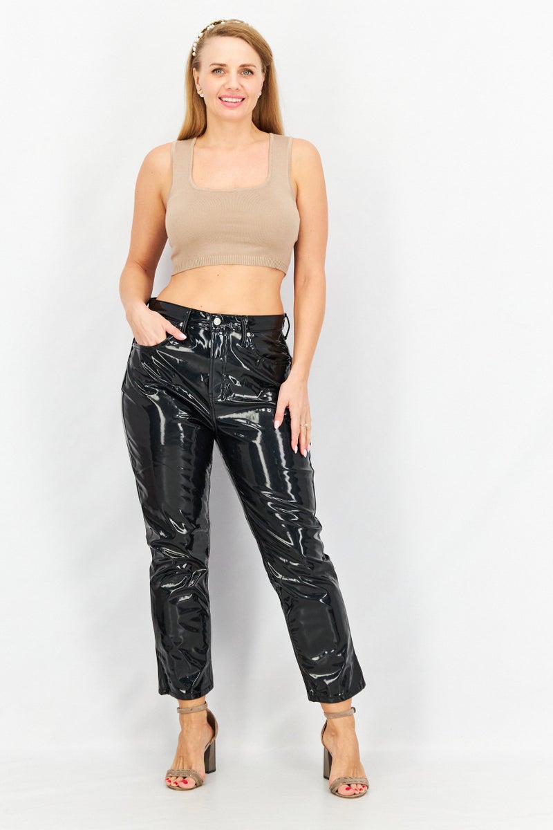 TOPSHOP Women Regular Fit Textured Vinyl Pants, Black - Image 4
