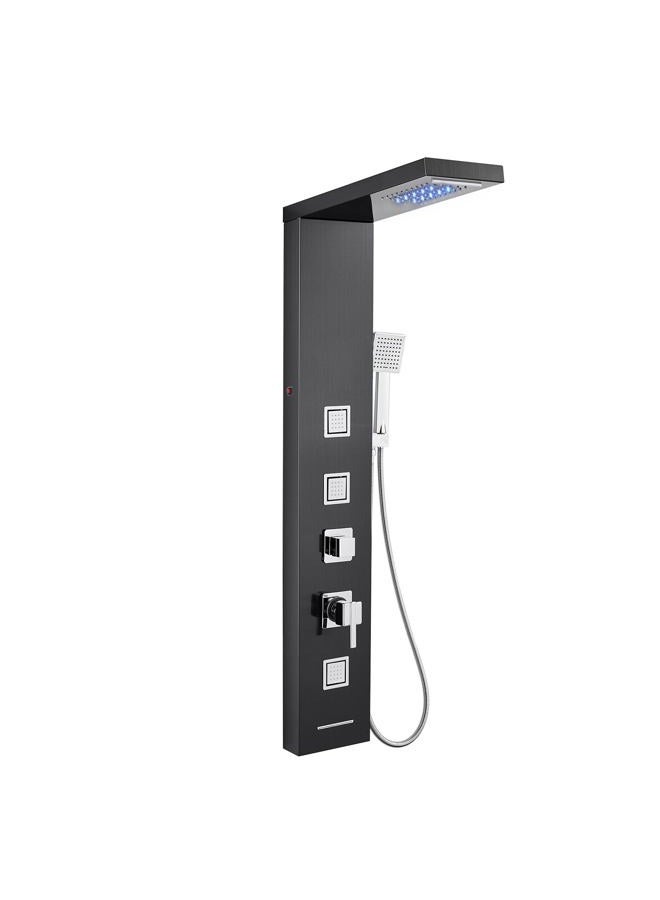 MENATT LED Shower Panel Tower System, Bathroom 5-Function Shower Panel Tower with LED Rainfall Waterfall Shower Head, Massage Jets, Tub Spout, Handheld Shower, Black - Image 1