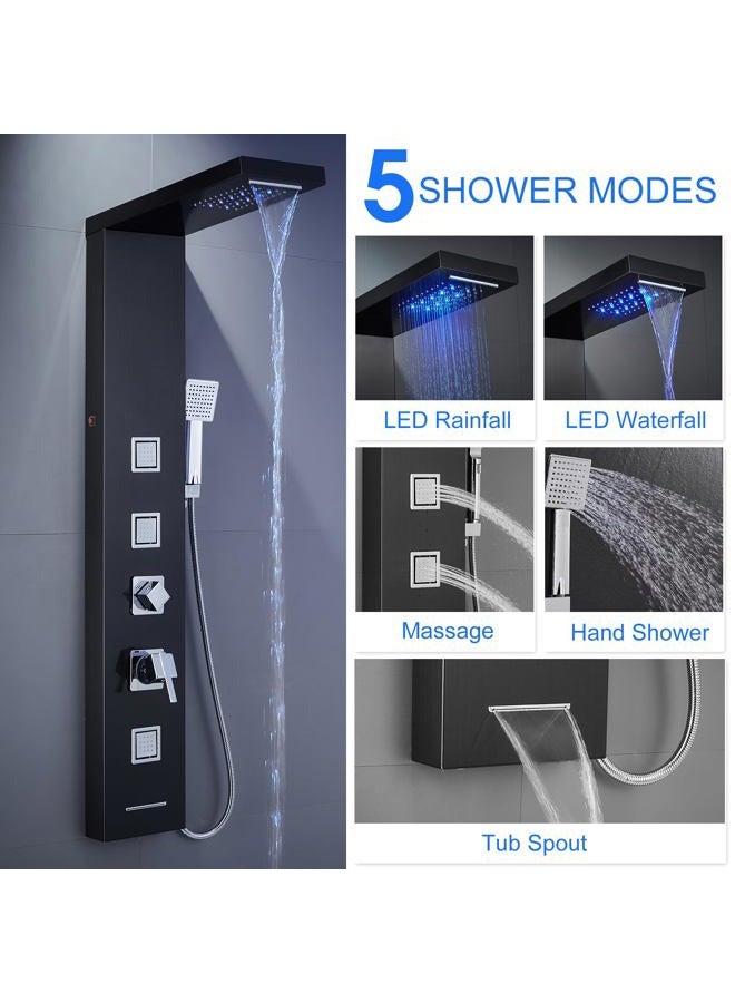 MENATT LED Shower Panel Tower System, Bathroom 5-Function Shower Panel Tower with LED Rainfall Waterfall Shower Head, Massage Jets, Tub Spout, Handheld Shower, Black - Image 2
