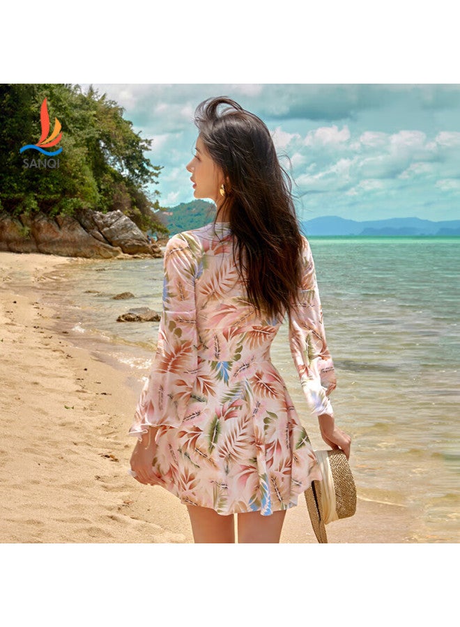 Sanqi Women's One-piece Swimsuit Dress With Long Sleeves, High Waist, Tummy Control, Plus Size, For Hot Springs, Style 24030xxxxl - Image 5