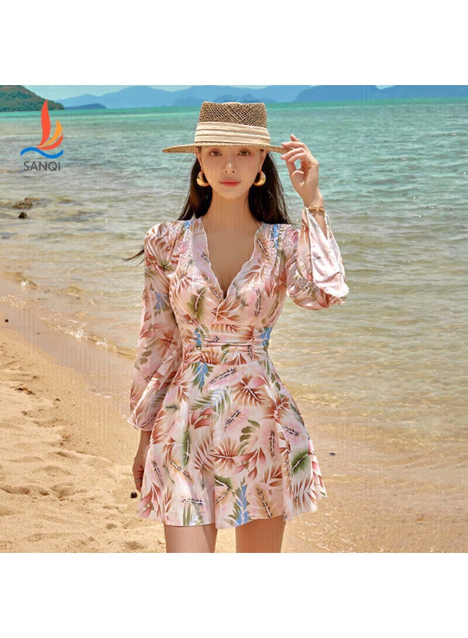 Sanqi Women's One-piece Swimsuit Dress With Long Sleeves, High Waist, Tummy Control, Plus Size, For Hot Springs, Style 24030xxxxl - Image 1