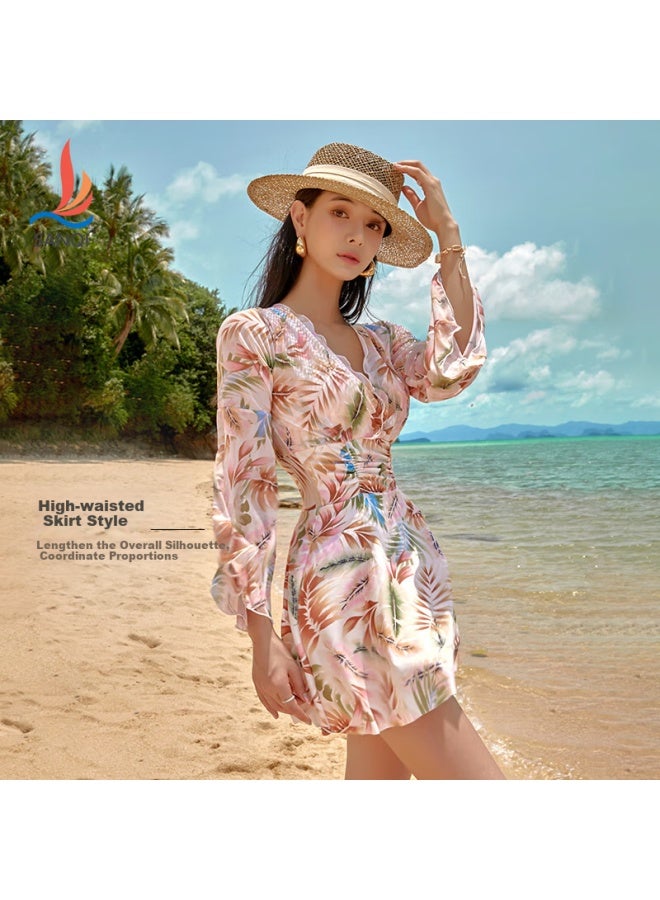 Sanqi Women's One-piece Swimsuit Dress With Long Sleeves, High Waist, Tummy Control, Plus Size, For Hot Springs, Style 24030xxxxl - Image 3