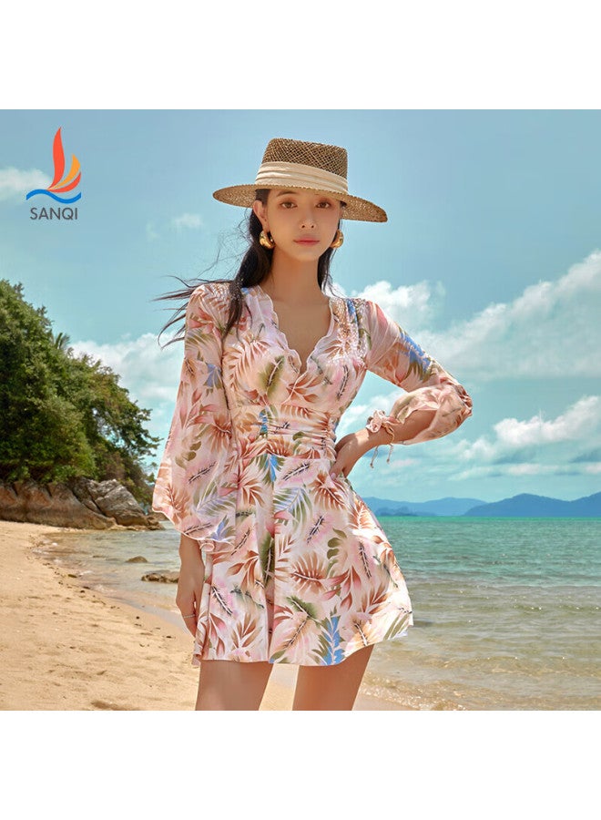 Sanqi Women's One-piece Swimsuit Dress With Long Sleeves, High Waist, Tummy Control, Plus Size, For Hot Springs, Style 24030xxxxl - Image 4