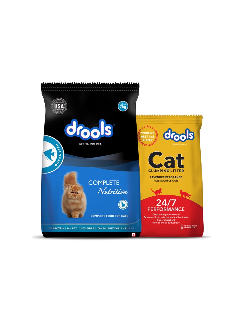 Drools طعام جاف للقطط البالغة سمك المحيط 7 كجم مع 5 كجم رمل قطط مجاني - Image 1