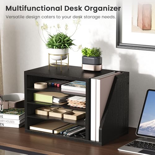Creso hom Mail Sorter, File Organizer Desktop, Wood Desk Organizer with 3 Adjustable Shelves, Mail Holder for Office, Home, Letter Sorter File Holders for Envelopes, Mail Supplies Magazines, Black - Image 2