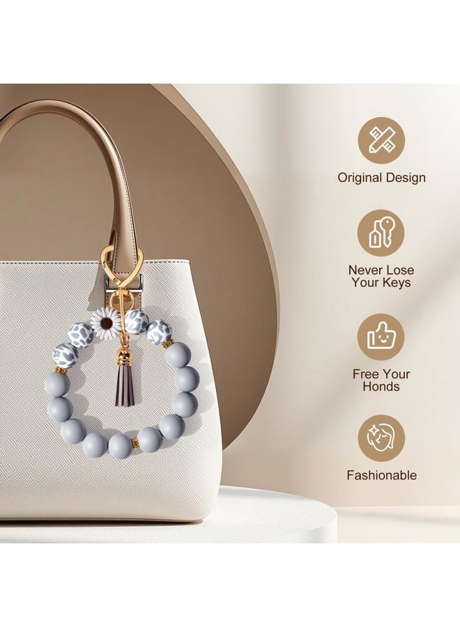 Weixiltc Silicone Bead Keychain Wristlet for Women, Charm Bracelet Key Chains, Car Key Rings Holder for Girls, Daisy Gray, Standard - Image 3
