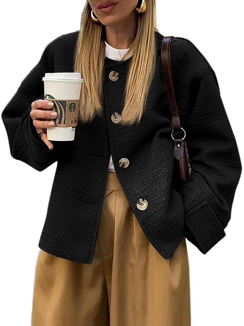 BZB Womens Tweed Blazers Business Casual Bomber Jacket Long Sleeve Button Down Open Front Fall Clothes Coat with Pockets Black - Image 1