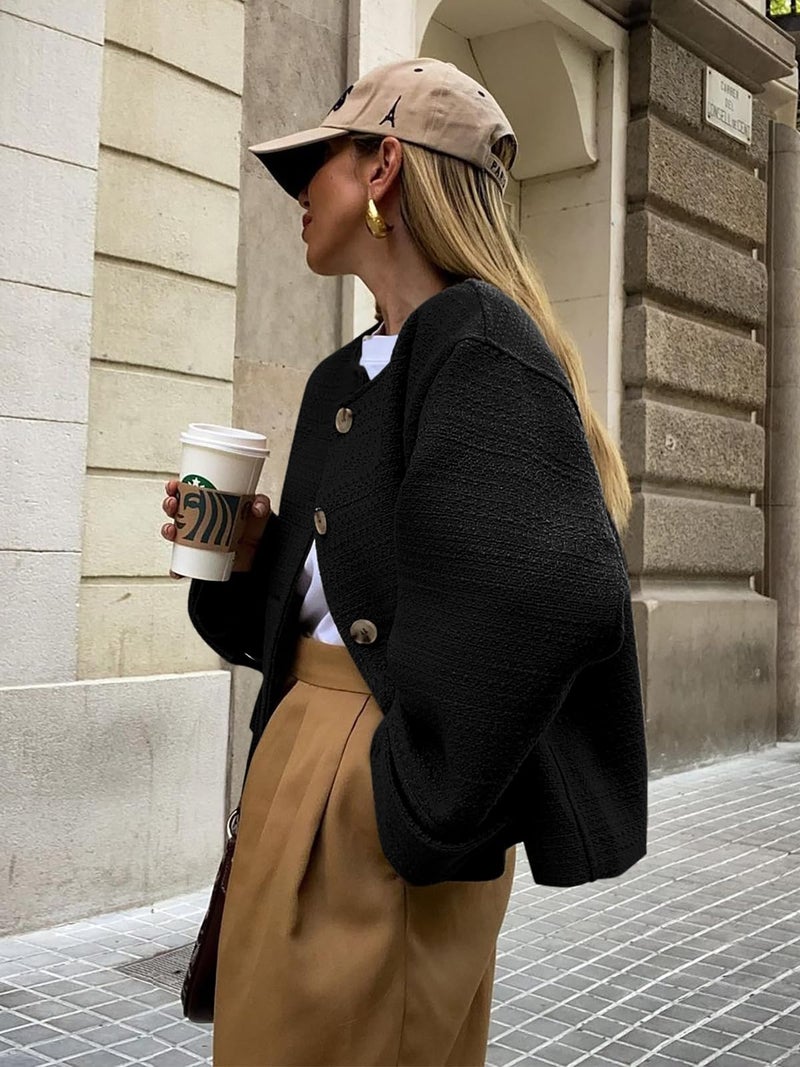 BZB Womens Tweed Blazers Business Casual Bomber Jacket Long Sleeve Button Down Open Front Fall Clothes Coat with Pockets Black - Image 2