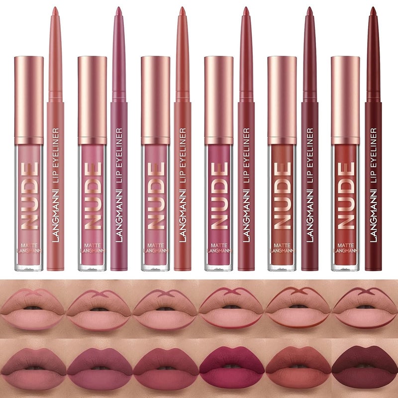URQT 12pcs Lip Liner and Lipstick Set 6 Velvety Matte Liquid Lipsticks  6 Matching Smooth Lip Liner One Step Lips Long Lasting Waterproof Makeup Kits Gift Set