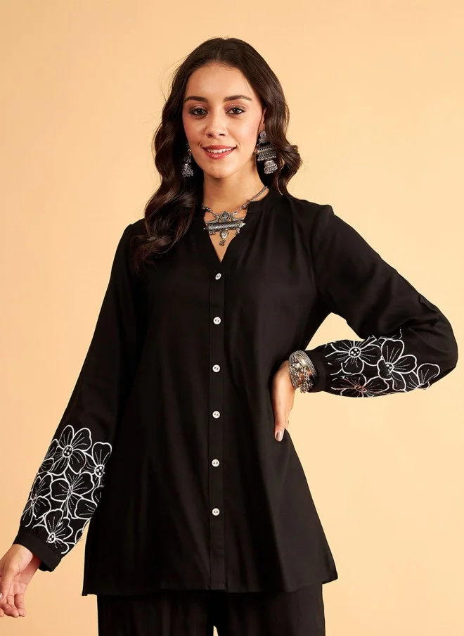 SASSAFRAS Black Floral Embroidered Oversized Party Shirt for Women