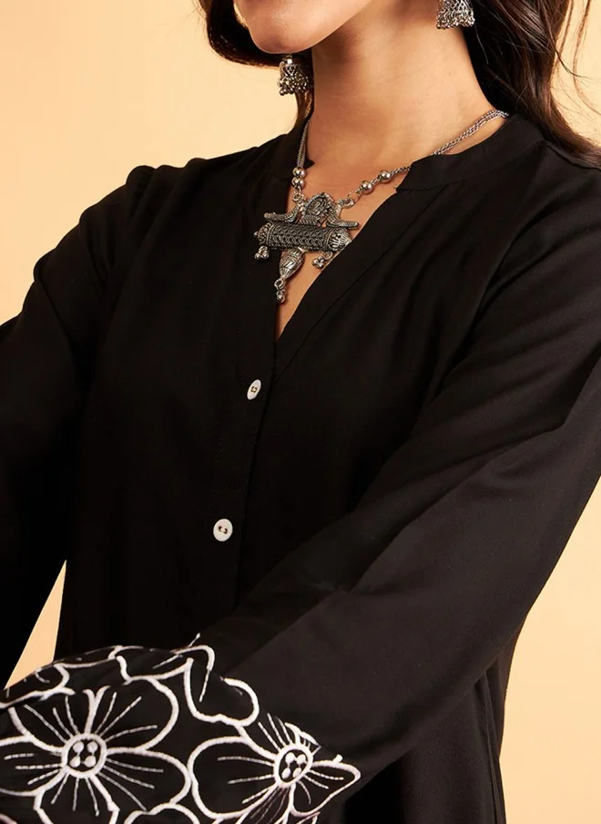 SASSAFRAS Black Floral Embroidered Oversized Party Shirt for Women