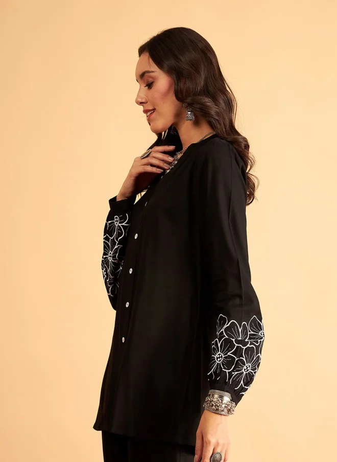 SASSAFRAS Black Floral Embroidered Oversized Party Shirt for Women