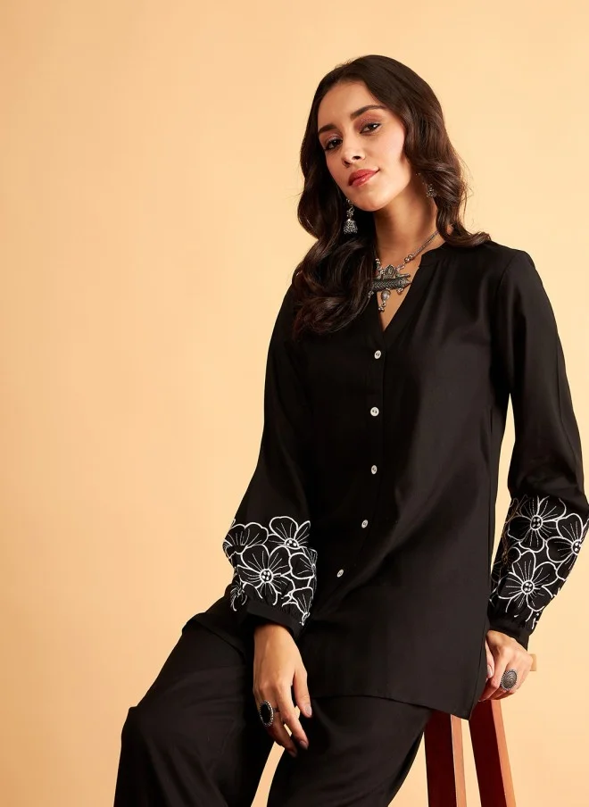 SASSAFRAS Black Floral Embroidered Oversized Party Shirt for Women