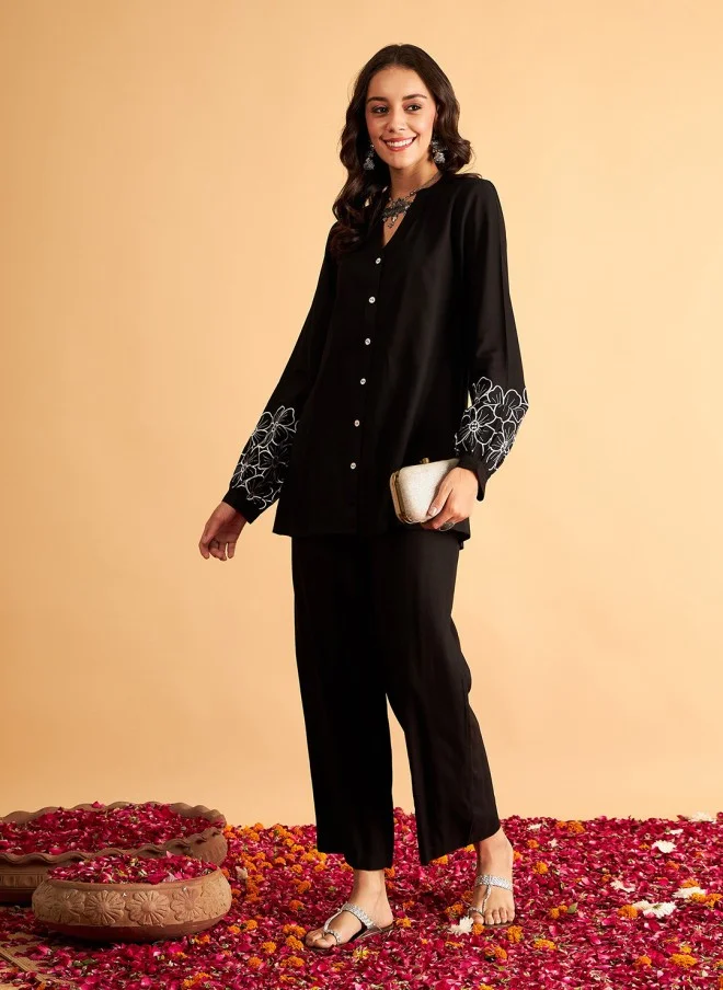 SASSAFRAS Black Floral Embroidered Oversized Party Shirt for Women