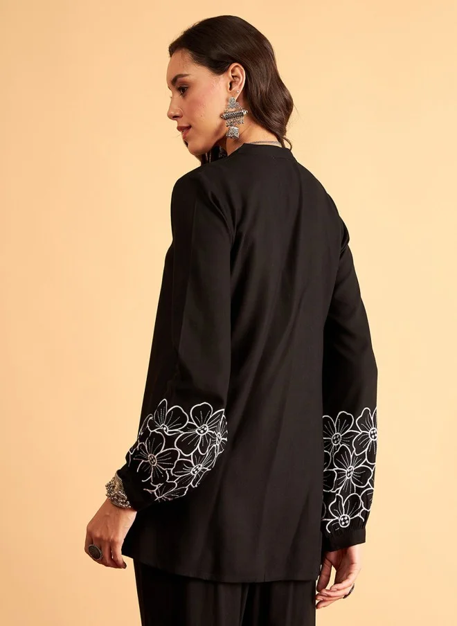 SASSAFRAS Black Floral Embroidered Oversized Party Shirt for Women
