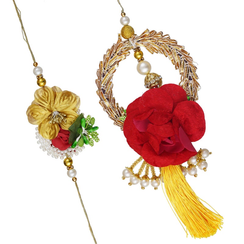 iinfinize Fancy Floral Design Rakhi Lumba Vintage Set Cotton Thread Handmade Rakhi Pearl Beadwork Raksha Bandhan Delight With Roli Chawal - Image 1
