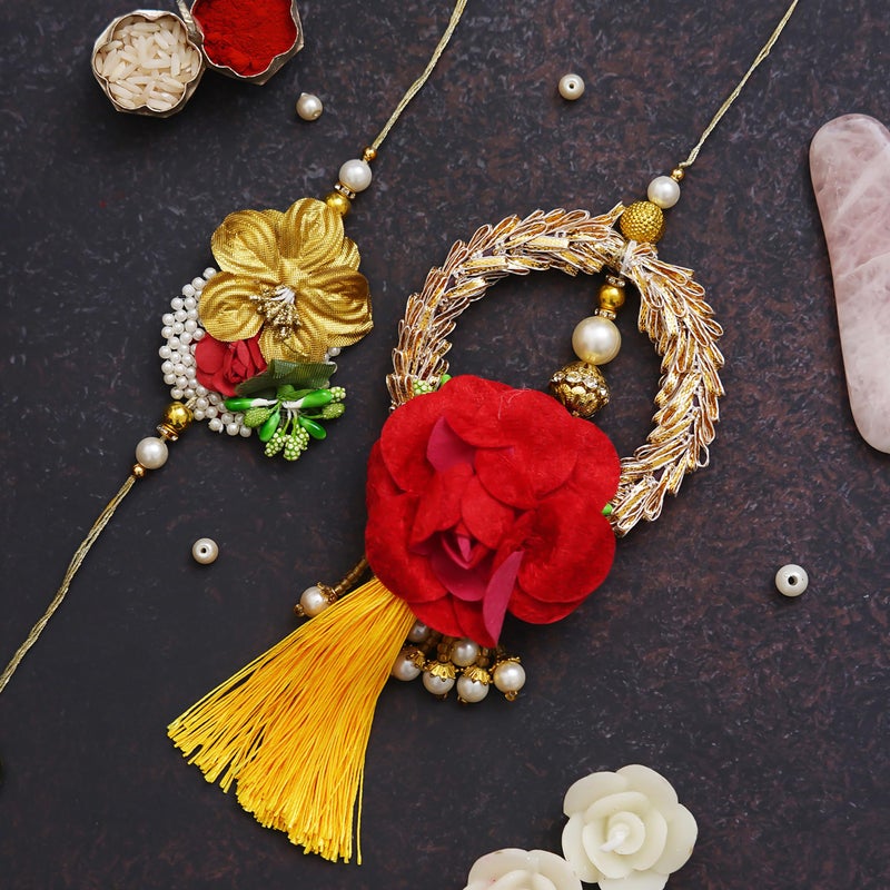 iinfinize Fancy Floral Design Rakhi Lumba Vintage Set Cotton Thread Handmade Rakhi Pearl Beadwork Raksha Bandhan Delight With Roli Chawal - Image 2