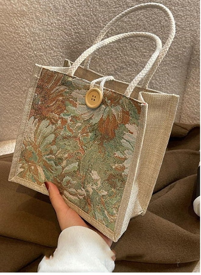 ميكسد أنماط هندسية عطلة نمط مقابض مزدوجة مربع حقيبة السيدات أزرار ديكور لون كتلة مربع حقيبة يد السيدات الكتان مقابض - Image 3