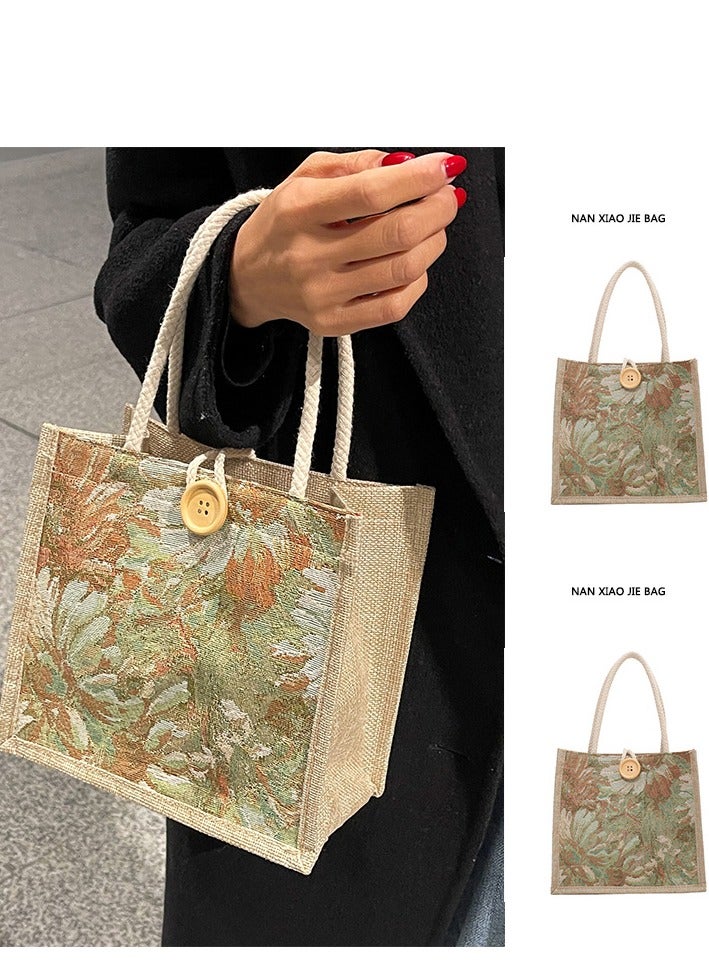 ميكسد أنماط هندسية عطلة نمط مقابض مزدوجة مربع حقيبة السيدات أزرار ديكور لون كتلة مربع حقيبة يد السيدات الكتان مقابض - Image 2