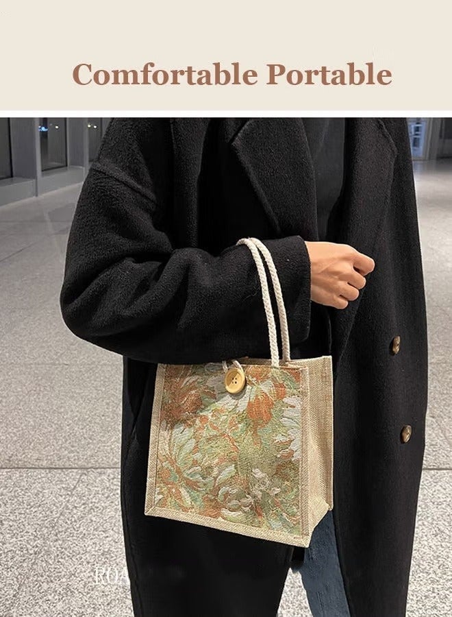 ميكسد أنماط هندسية عطلة نمط مقابض مزدوجة مربع حقيبة السيدات أزرار ديكور لون كتلة مربع حقيبة يد السيدات الكتان مقابض - Image 4