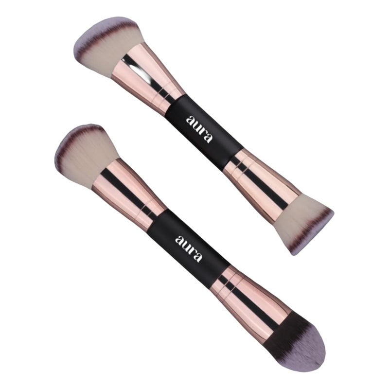 Aura Facial Makeup Brushes, 2 Pcs Double Ended Makeup Brushes for Applying Liquid, Cream and Powder. Includes flat, contour, angled and blending brushes. Foundation and blending brushes. Kabuki - Image 1