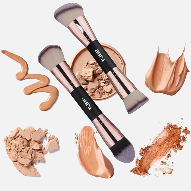 Aura Facial Makeup Brushes, 2 Pcs Double Ended Makeup Brushes for Applying Liquid, Cream and Powder. Includes flat, contour, angled and blending brushes. Foundation and blending brushes. Kabuki - Image 3