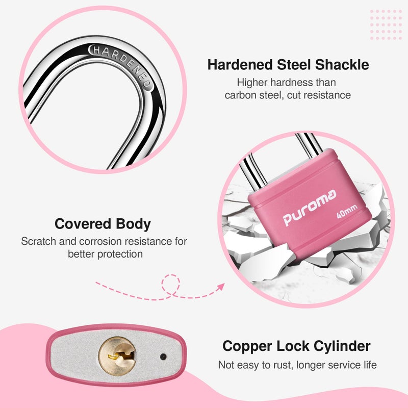 Puroma Keyed Padlock with 2 Keys Alike, 7/8 Inch Locker Lock 40mm Heavy-Duty Locks for Gate Fence Hasp Cabinet Toolbox School Gym Locker (Pink) - Image 4