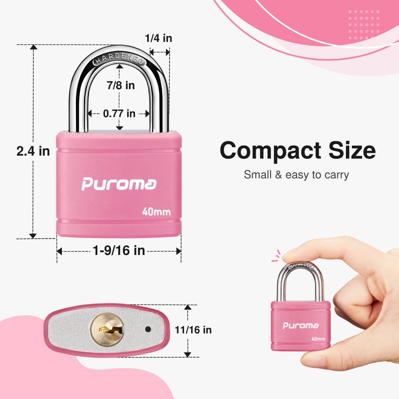 Puroma Keyed Padlock with 2 Keys Alike, 7/8 Inch Locker Lock 40mm Heavy-Duty Locks for Gate Fence Hasp Cabinet Toolbox School Gym Locker (Pink) - Image 2