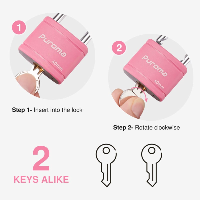 Puroma Keyed Padlock with 2 Keys Alike, 7/8 Inch Locker Lock 40mm Heavy-Duty Locks for Gate Fence Hasp Cabinet Toolbox School Gym Locker (Pink) - Image 5