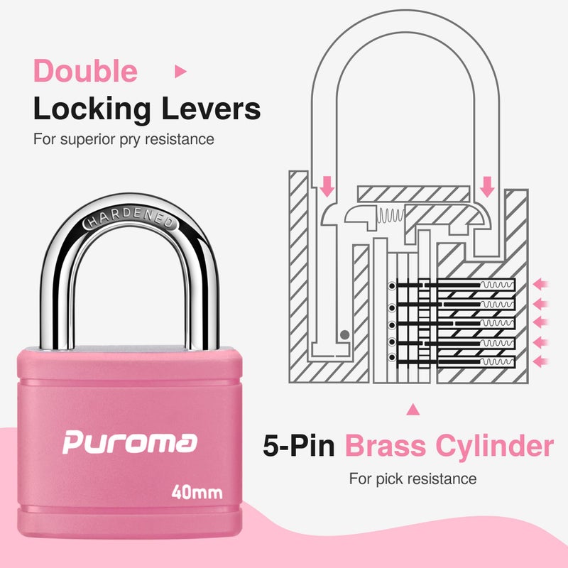 Puroma Keyed Padlock with 2 Keys Alike, 7/8 Inch Locker Lock 40mm Heavy-Duty Locks for Gate Fence Hasp Cabinet Toolbox School Gym Locker (Pink) - Image 3
