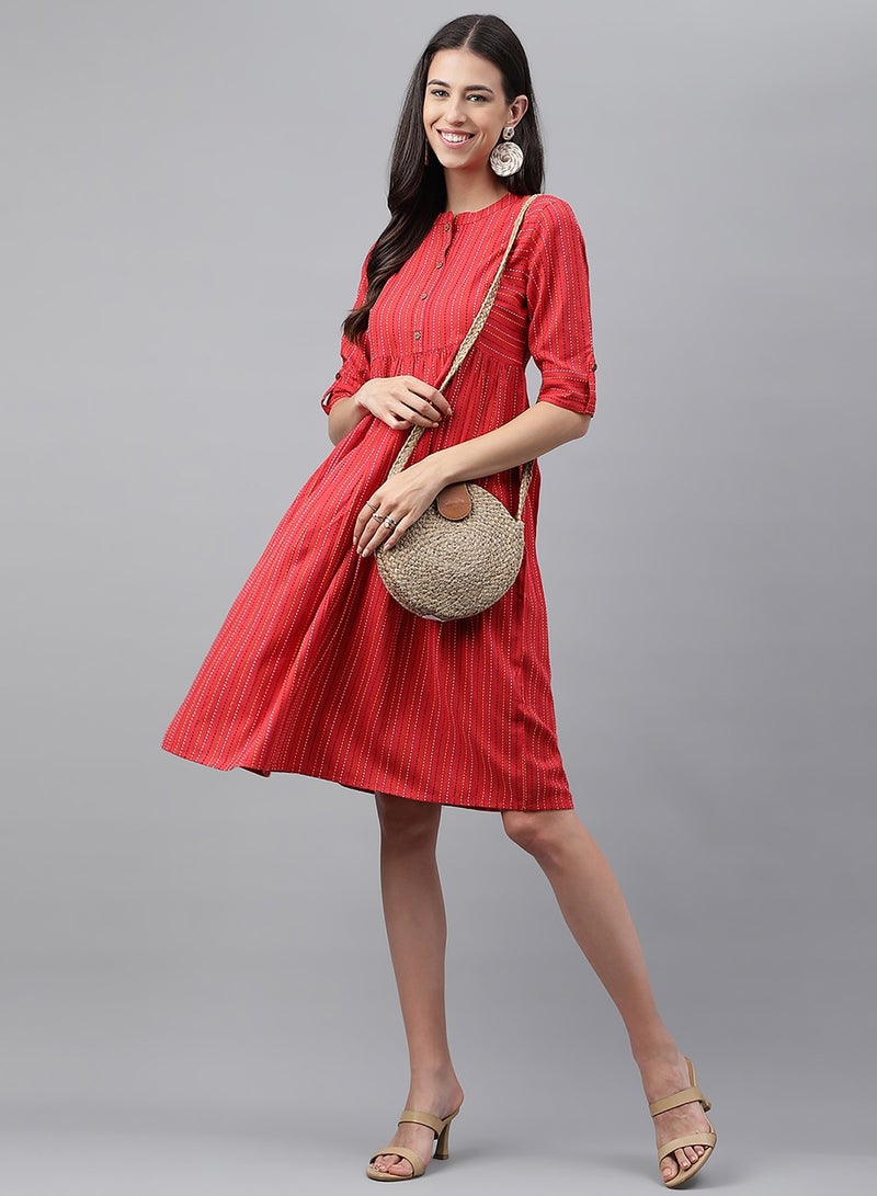 IndHeritage Premium Dress - Latest collection - Pure cotton Red colour knee length dress - Indo Western - Image 1